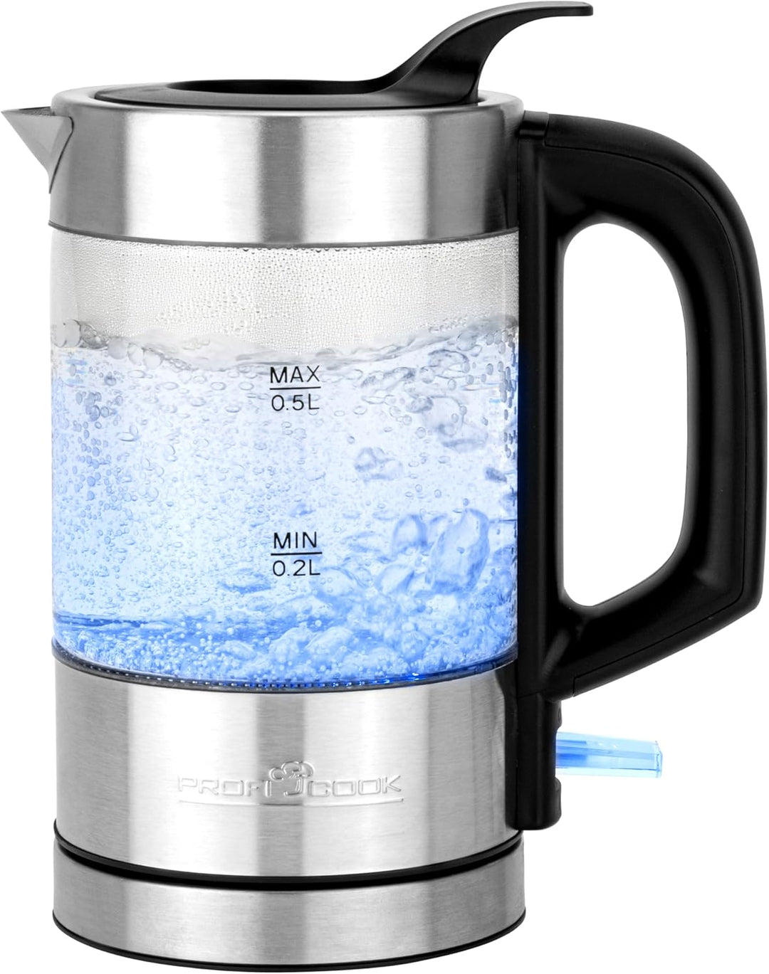 ProfiCook Wasserkocher Edelstahl beleuchtet, 0,5 Liter Mini Wasserkocher mit blauer Beleuchtung, Tee