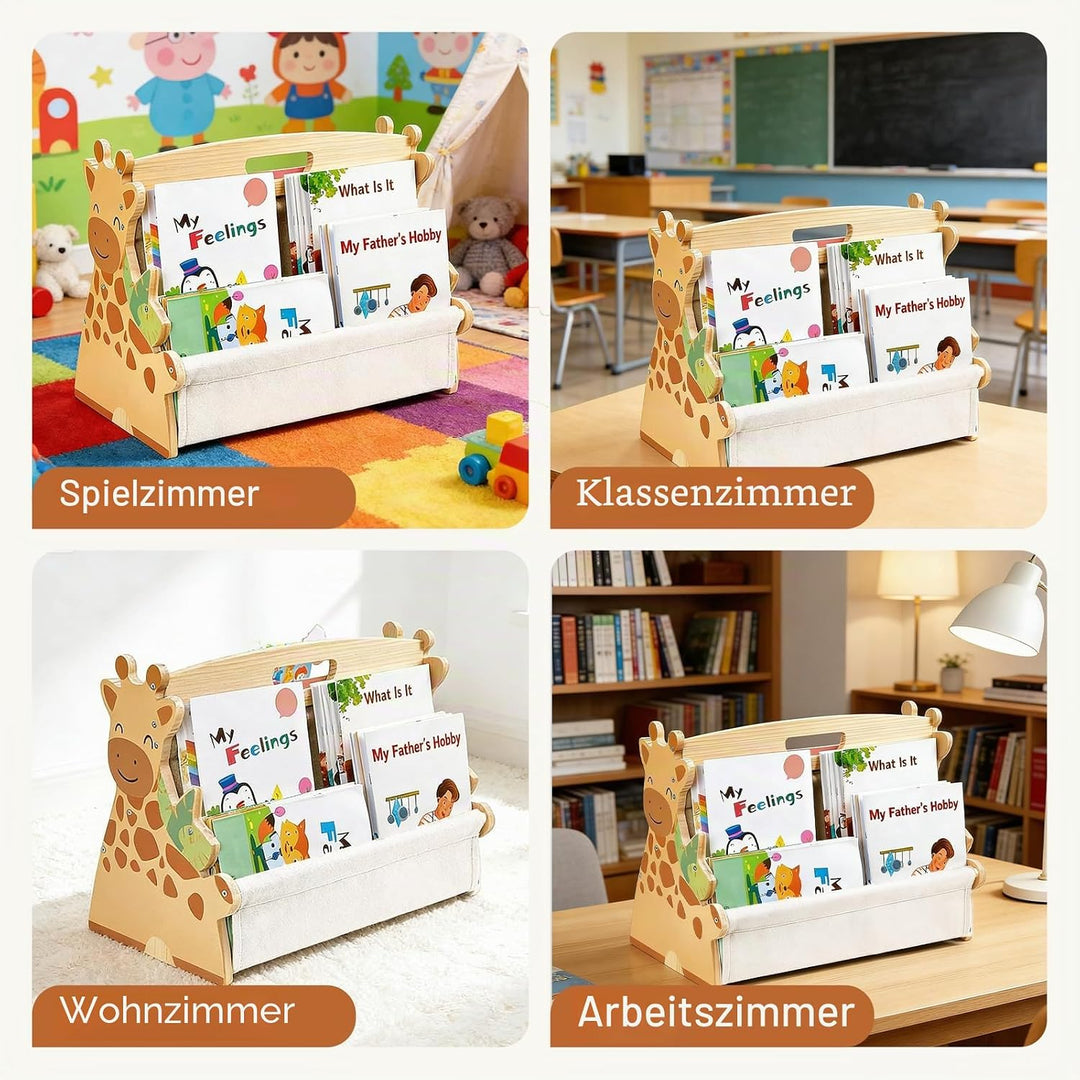 Kinder Bücherregal aus Holz, Montessori Bücherregal mit robusten Canvas-Taschen, tragbar mit Griff,