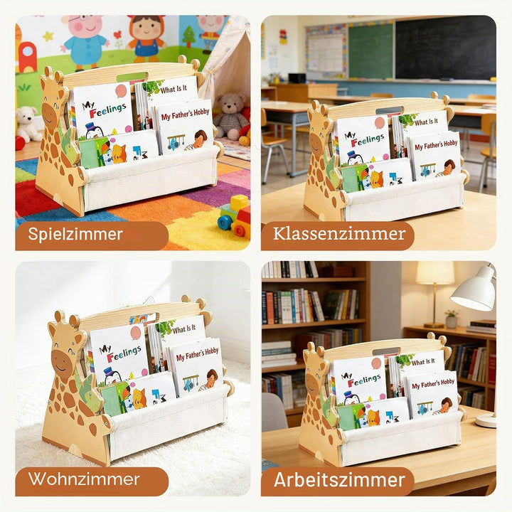 Kinder Bücherregal aus Holz, Montessori Bücherregal mit robusten Canvas-Taschen, tragbar mit Griff,