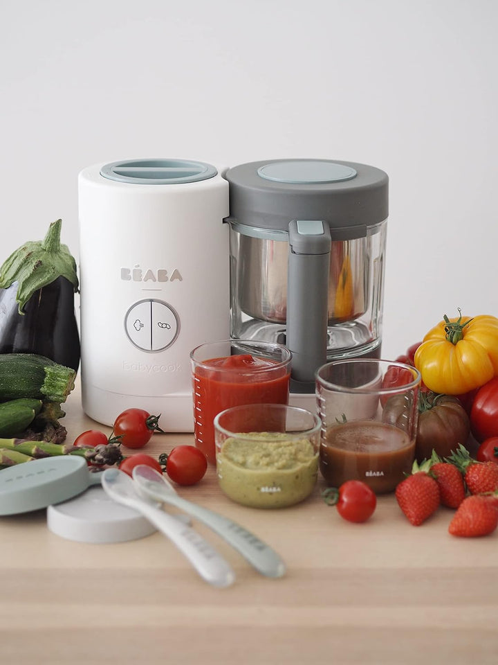 BÉABA - Babycook Neo - 4 in 1 Babynahrungszubereiter - Schonender Dampfgarer - Glaskrug und Garkorb