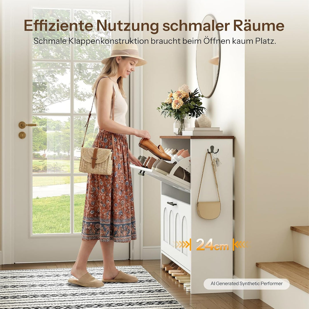 HOOBRO Schuhschrank mit Klappen, schmaler Stauraumschrank mit Bogentüren, verstellbaren Einlegeböden