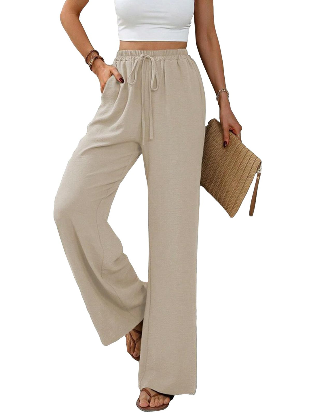 Damen Hosen Lang Sommerhose Leichte Hohe Taille Freizeithose Beige S, Beige S