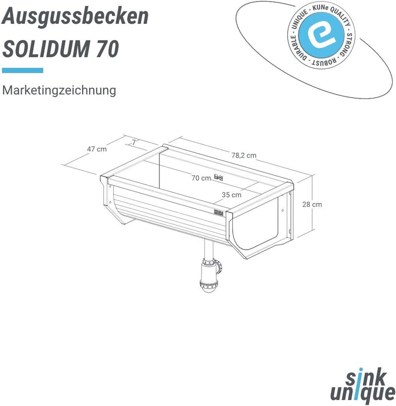 KUNe SOLIDUM 70 - Ausgussbecken Edelstahl zur Wandmontage - Aussenmasse 78 x 47 x 28 (BxTxH) cm 78.2