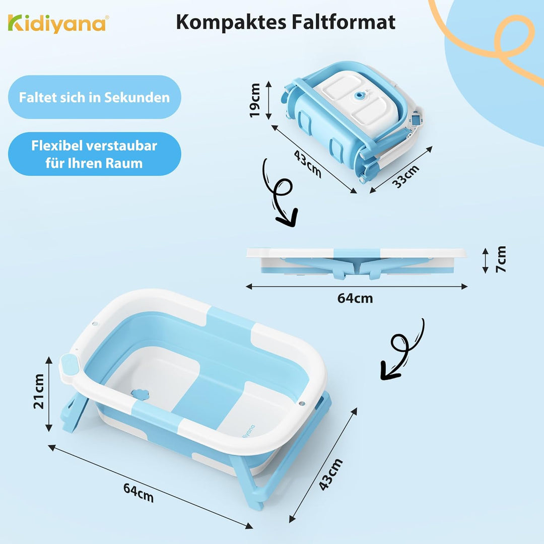 Baby Badewanne faltbar mit Gestell, stabil und rutschfest, platzsparend klappbar, mit Ablauf, PP & T