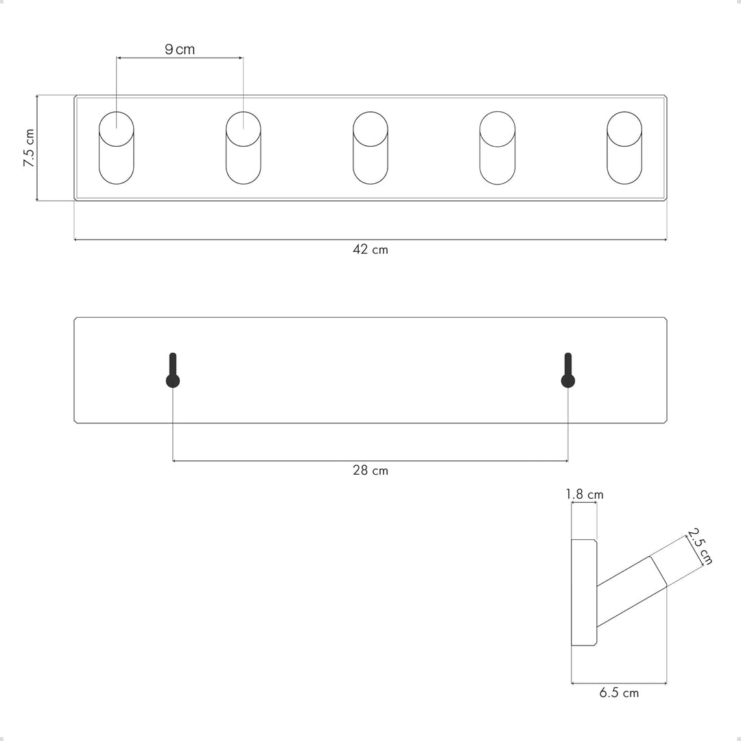 LARHN Garderobenleiste Weiss mit 5 Haken XL (2 Stk.), 42cm - Wandgarderobe, Jackenhalter Wand, Haken