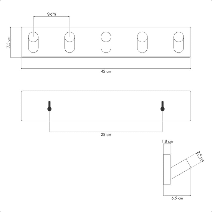 LARHN Garderobenleiste Weiss mit 5 Haken XL (2 Stk.), 42cm - Wandgarderobe, Jackenhalter Wand, Haken