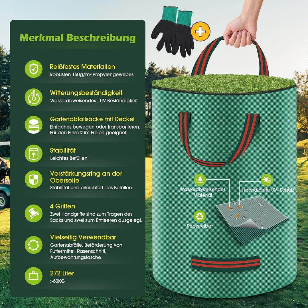 Miaglury 3X 272L Gartenabfallsack Stabil mit Deckel & inkl. Handschuhe - Gartensack Laubsack Gross,