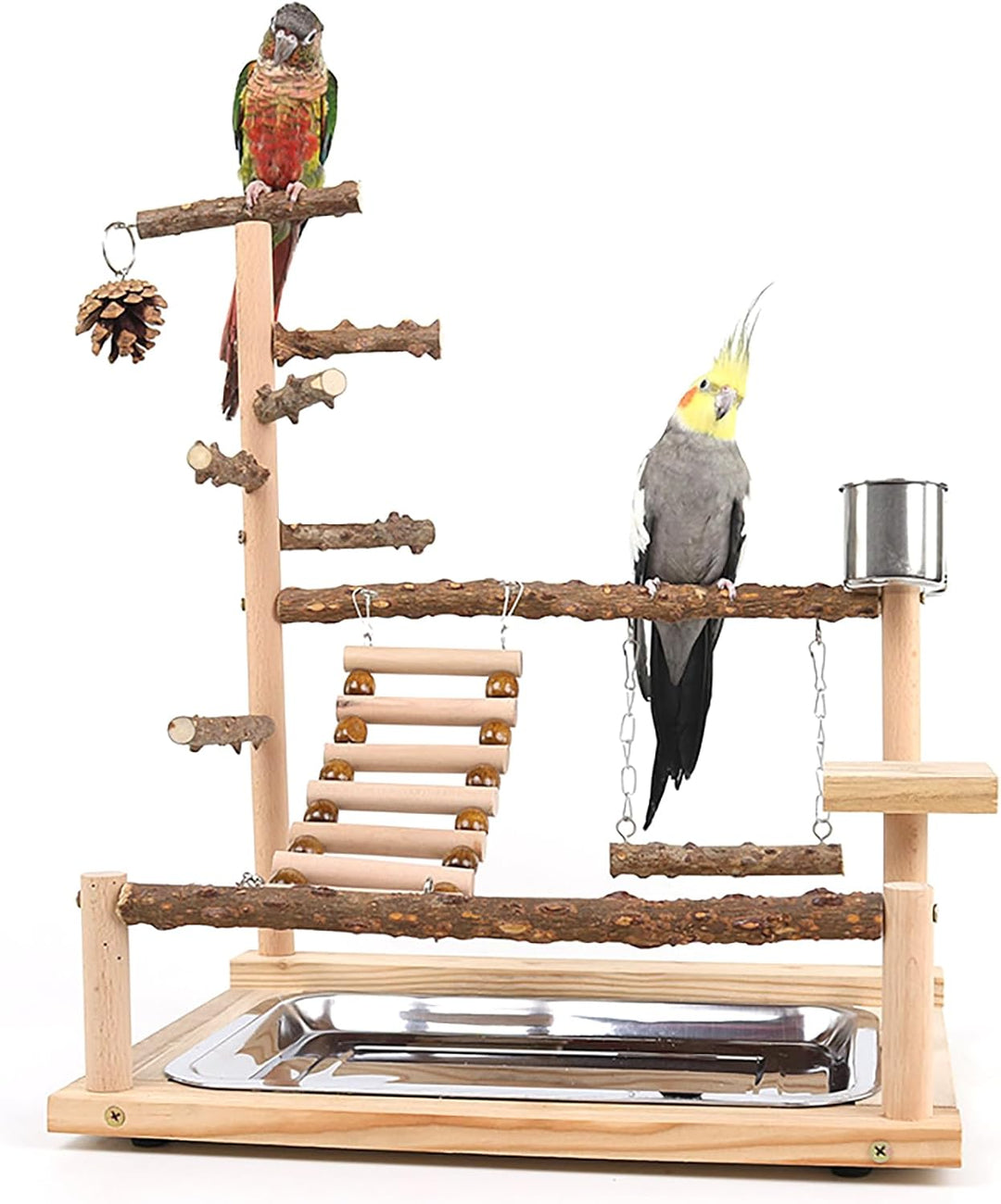 RoseFlower Vogelspielplatz Papageien Spielplatz, Naturholz Vogel Spielständer mit Feeder Cups Leiter