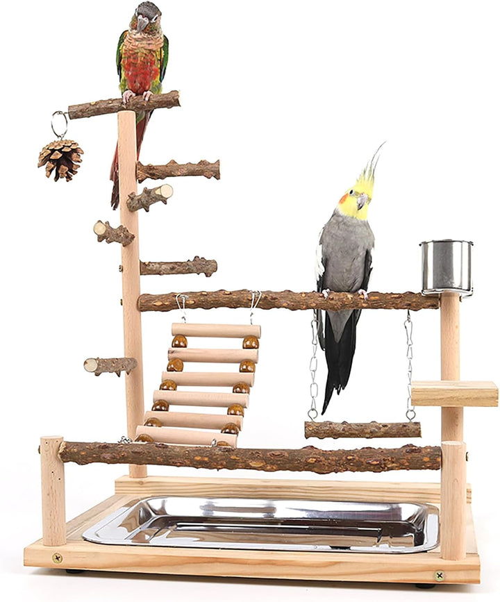 RoseFlower Vogelspielplatz Papageien Spielplatz, Naturholz Vogel Spielständer mit Feeder Cups Leiter