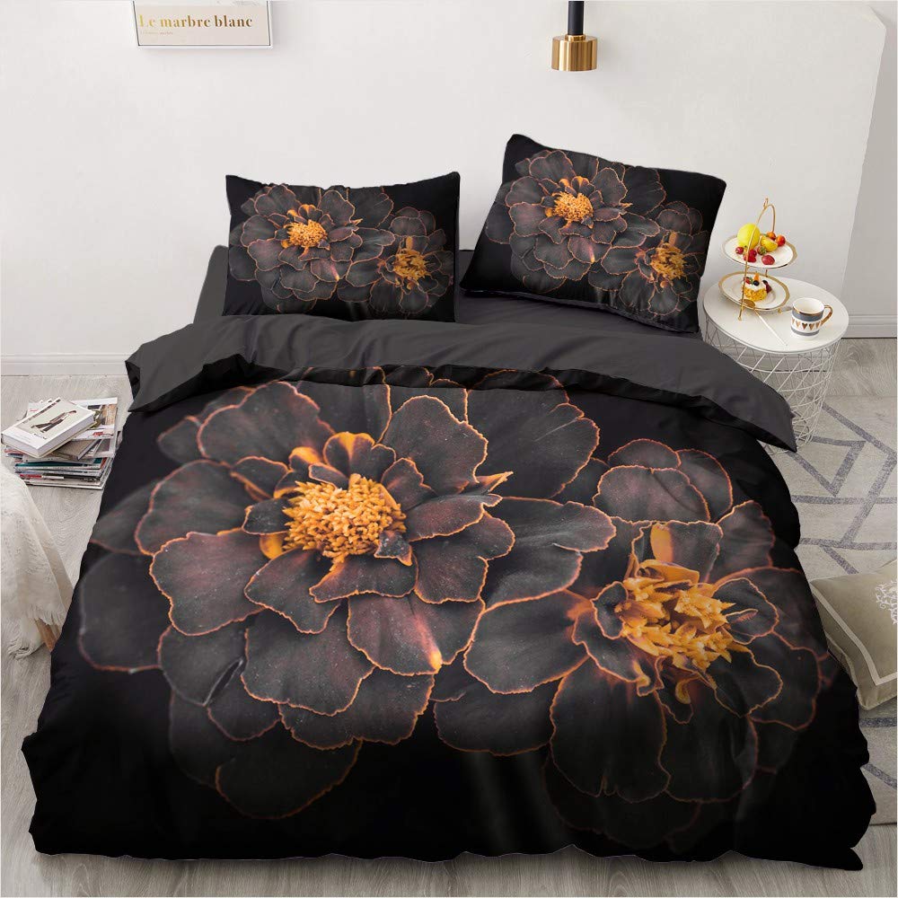 Luowei Blumen Bettwäsche 135x200cm Schwarz Orange Vintage Floral Bettbezug Set mit Reissverschluss W