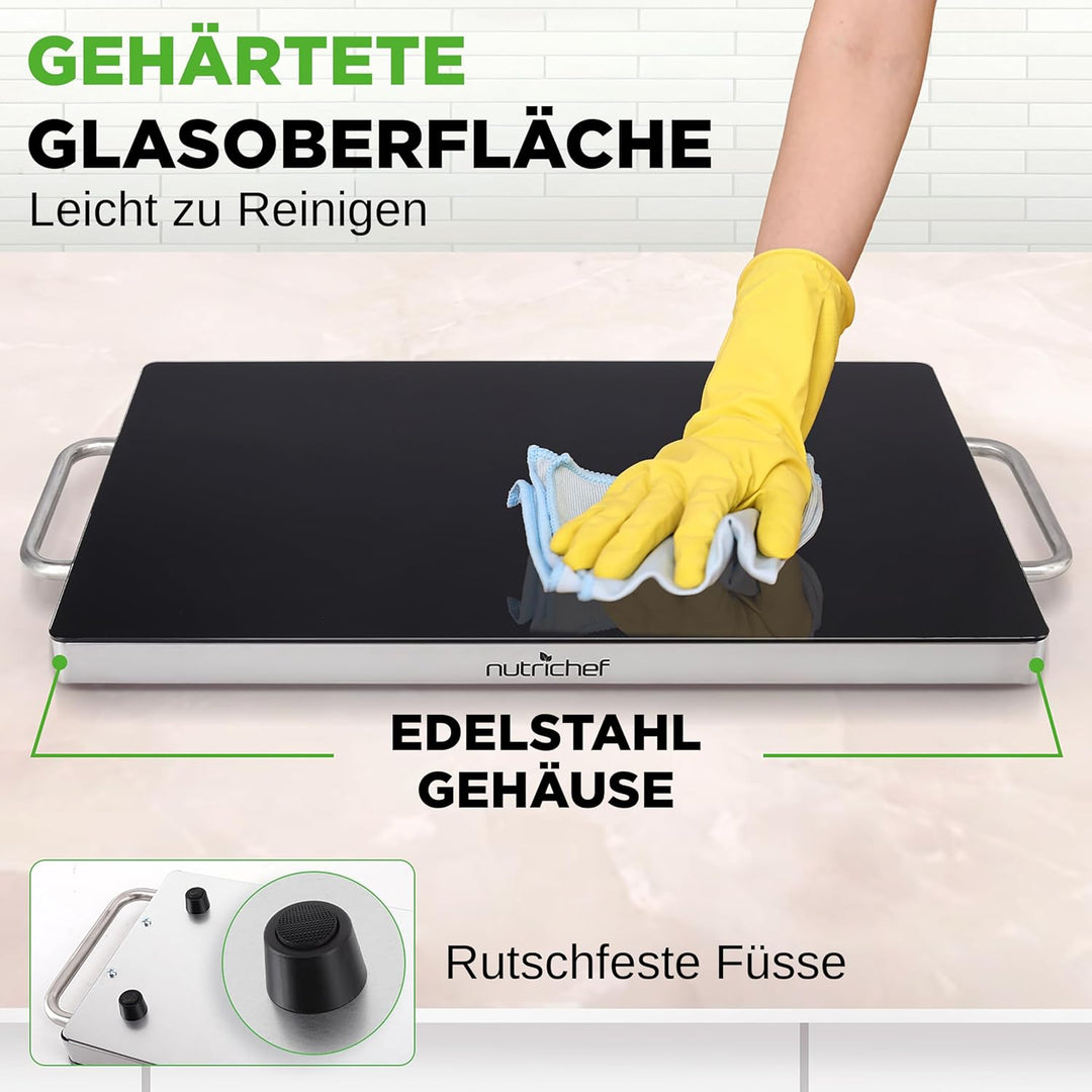 NutriChef Warmhalteplatte Elektrisch – 50,8 x 30,5 cm Glas-Kochplatte mit Griffen für Speisen, Für B