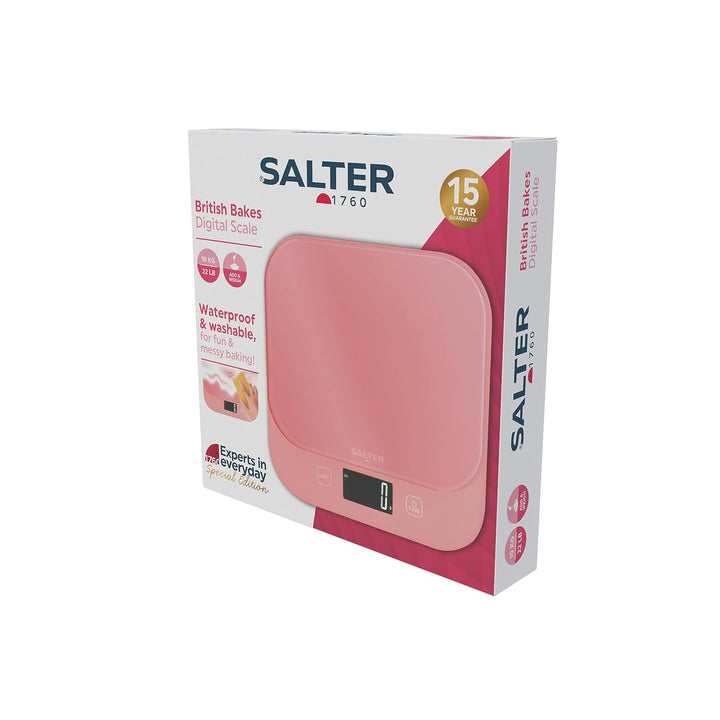Salter British Bakes Digitale Küchenwaage – Pinke Backwaage mit hoher 10-kg-Kapazität, misst Flüssig
