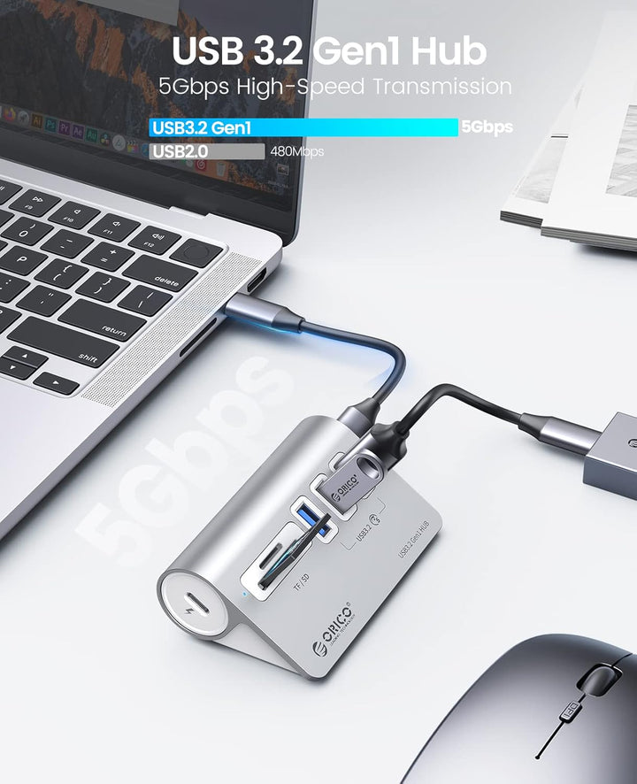 ORICO USB C Hub, USB 3.2 GEN 1 Hub mit TF/SD Kartenleser, 3 USB A Ports, 5 Gbps USB Verteiler, 0.5M