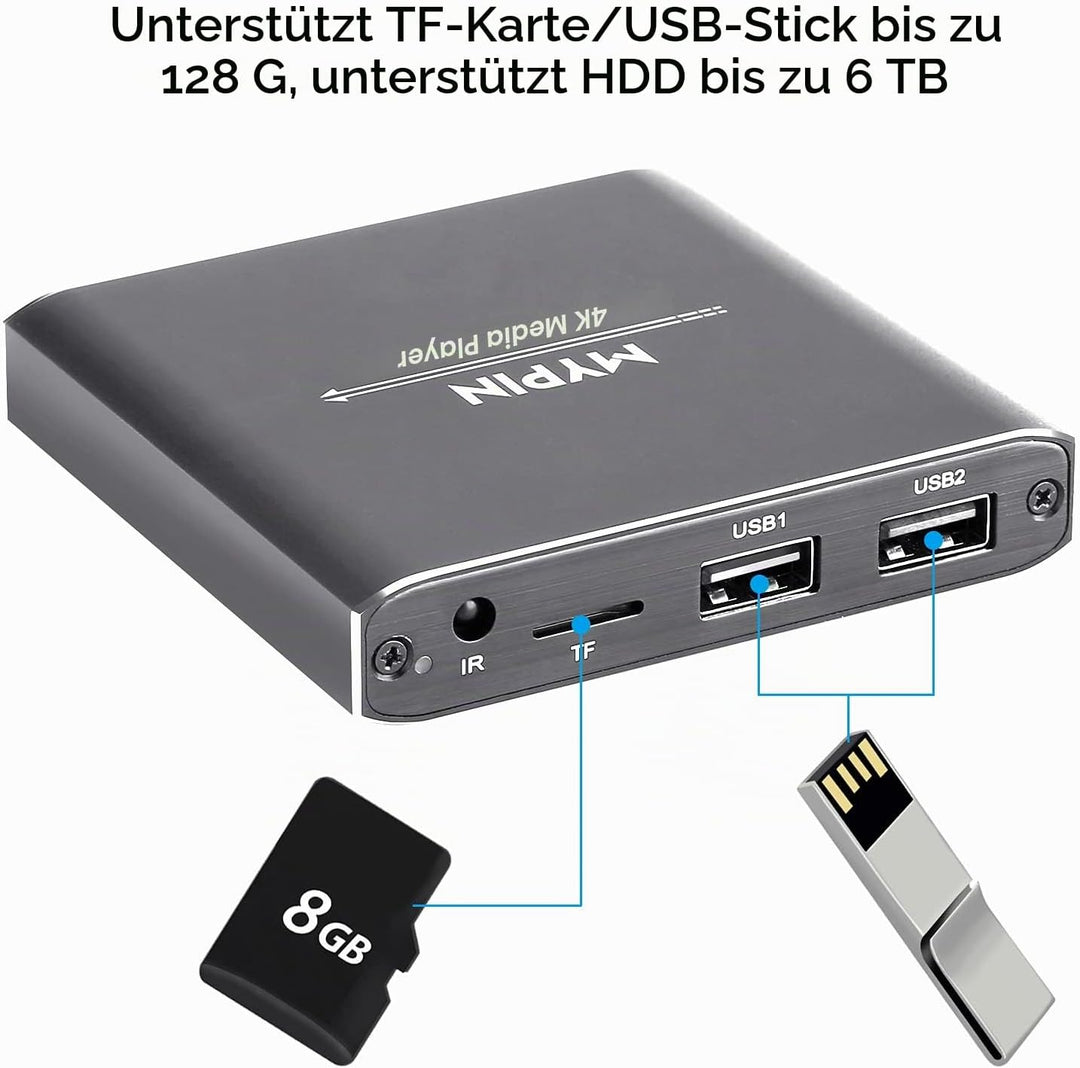MYPIN HDMI Multimedia Player, 4K@30Hz Digital Media Player HDMI/AV-Ausgang PPT MKV AVI RMVB RM für H