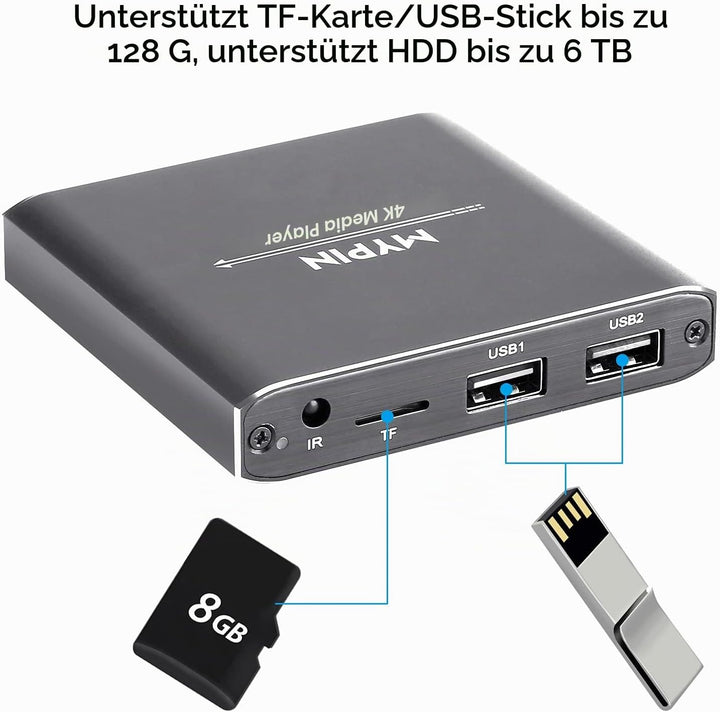 MYPIN HDMI Multimedia Player, 4K@30Hz Digital Media Player HDMI/AV-Ausgang PPT MKV AVI RMVB RM für H