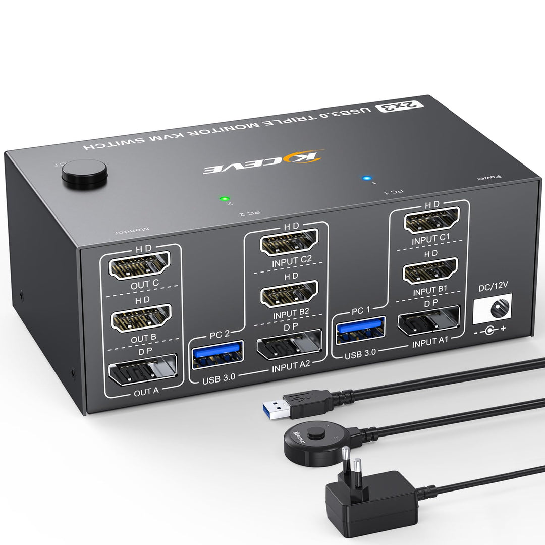 KVM Switch 2 PC 3 Monitore 8K@60Hz 4K@144Hz, Triple Monitore Displayport + 2 HDMI KVM Switch für 2 P