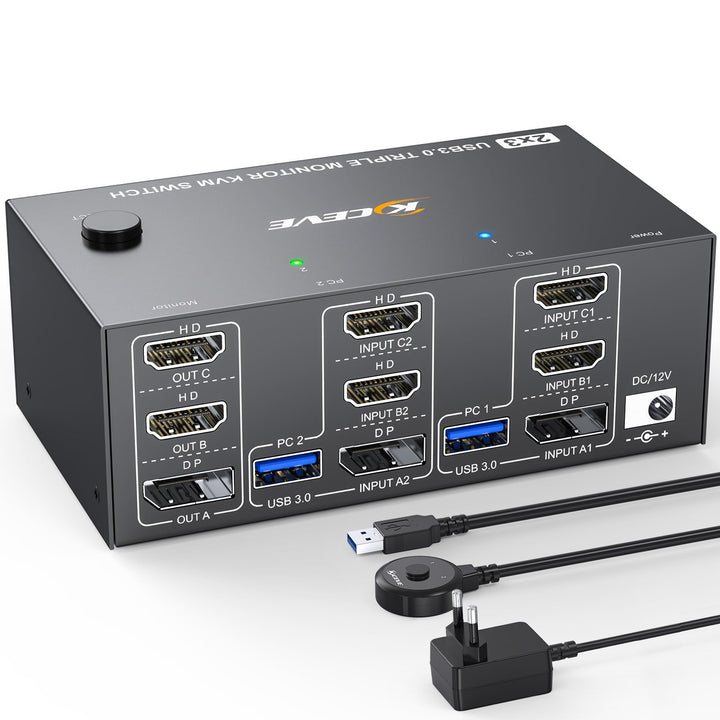KVM Switch 2 PC 3 Monitore 8K@60Hz 4K@144Hz, Triple Monitore Displayport + 2 HDMI KVM Switch für 2 P