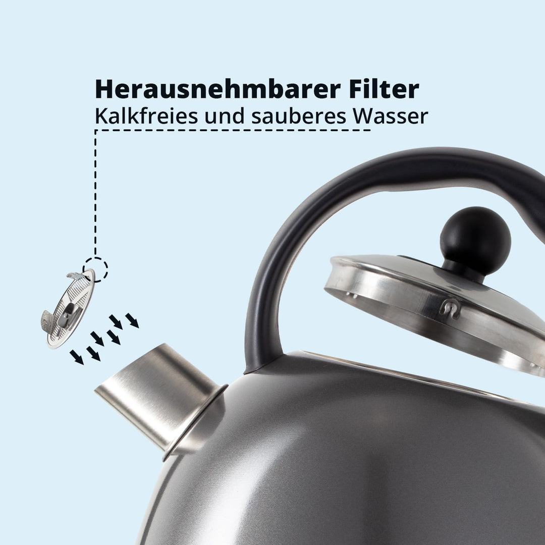 KHG WK-1711 (DG) Wasserkocher Retro 1,7 Liter | Kessel-Wasserkocher in Grau | 360° Sockel | Kalkfilt