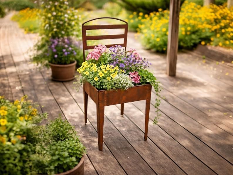Bornhöft Pflanzstuhl Edelrost Metall – Gartenstuhl Pflanzkübel Vintage Rostoptik – Gartendeko Pflanz