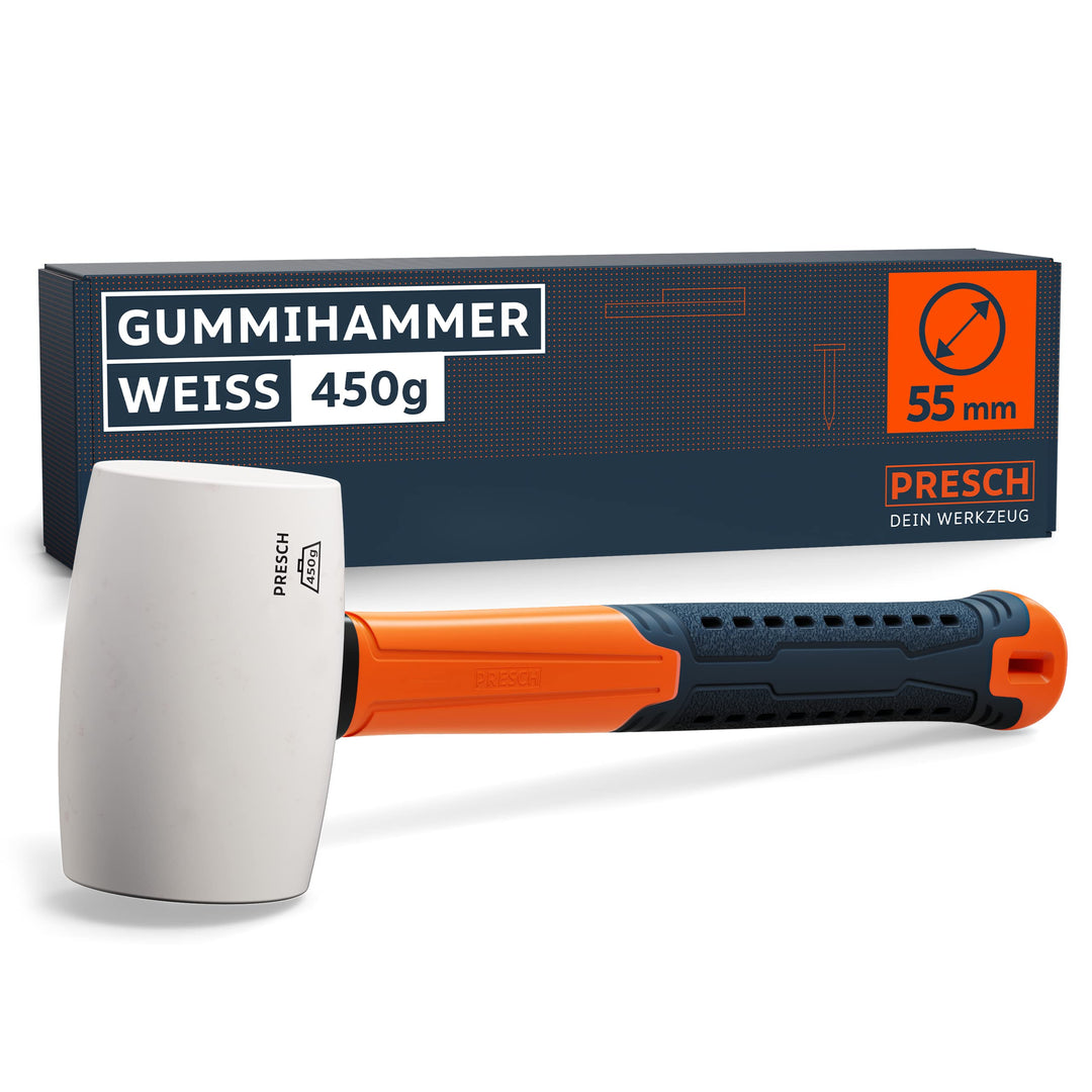 Presch Gummihammer Weiss 450g - Hartgummihammer mit Fiberglasstiel - ⌀=55mm - Weisser Naturkautschuk