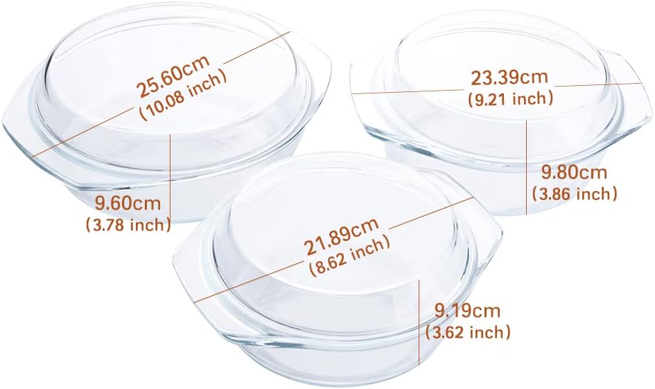 Set 6 Stücke Rund Auflaufform aus Gehärtetem Glas Set, 1L+1.5L+1.8L Glas Backform mit Deckel für Bac