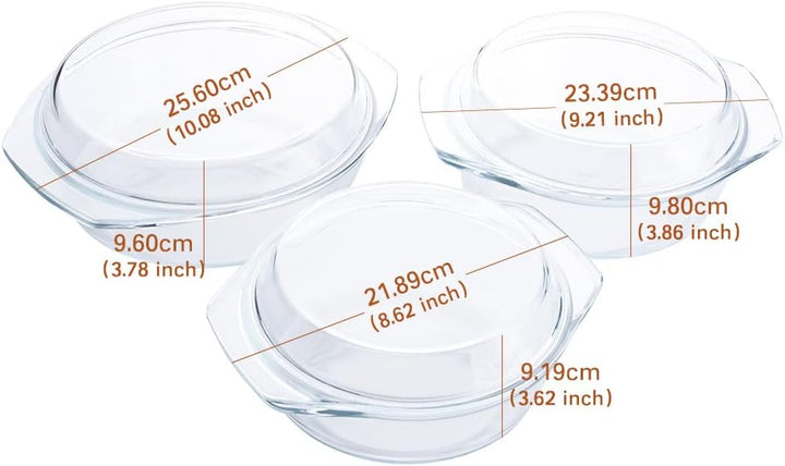 Set 6 Stücke Rund Auflaufform aus Gehärtetem Glas Set, 1L+1.5L+1.8L Glas Backform mit Deckel für Bac