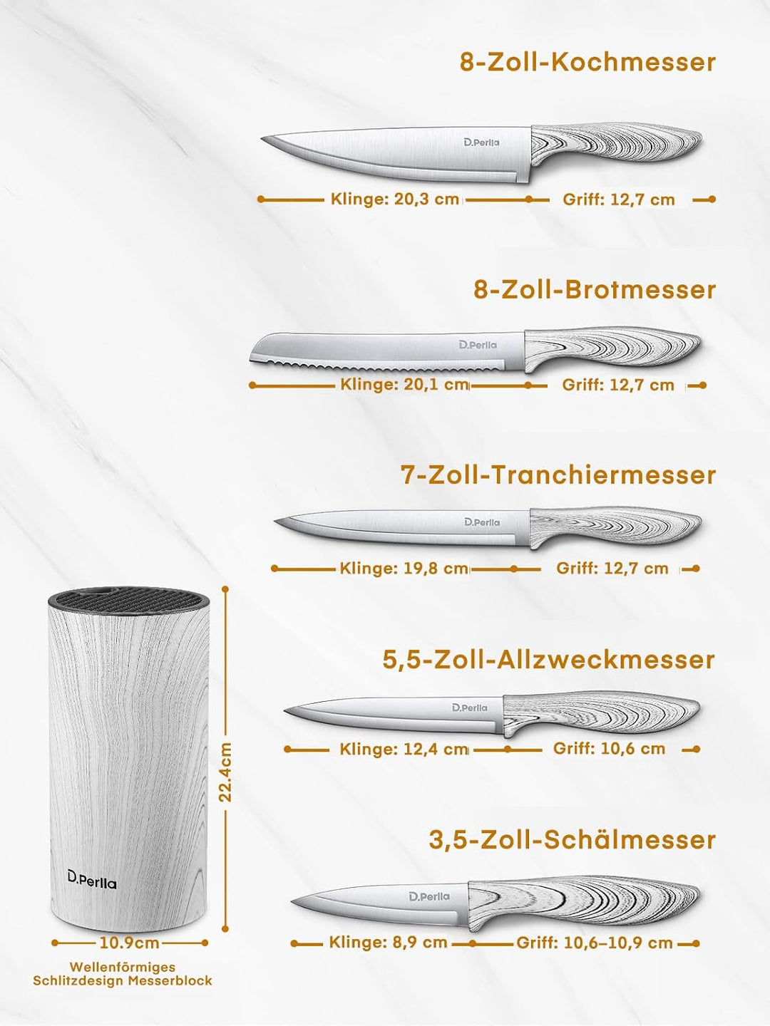 D.Perlla Messerblock, 6-tlg Profi Messerset Edelstahl Kochmesser, Abnehmbar für einfache Reinigung,