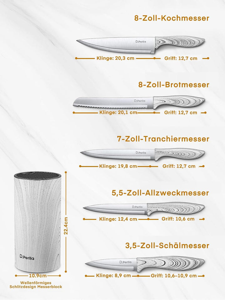 D.Perlla Messerblock, 6-tlg Profi Messerset Edelstahl Kochmesser, Abnehmbar für einfache Reinigung,