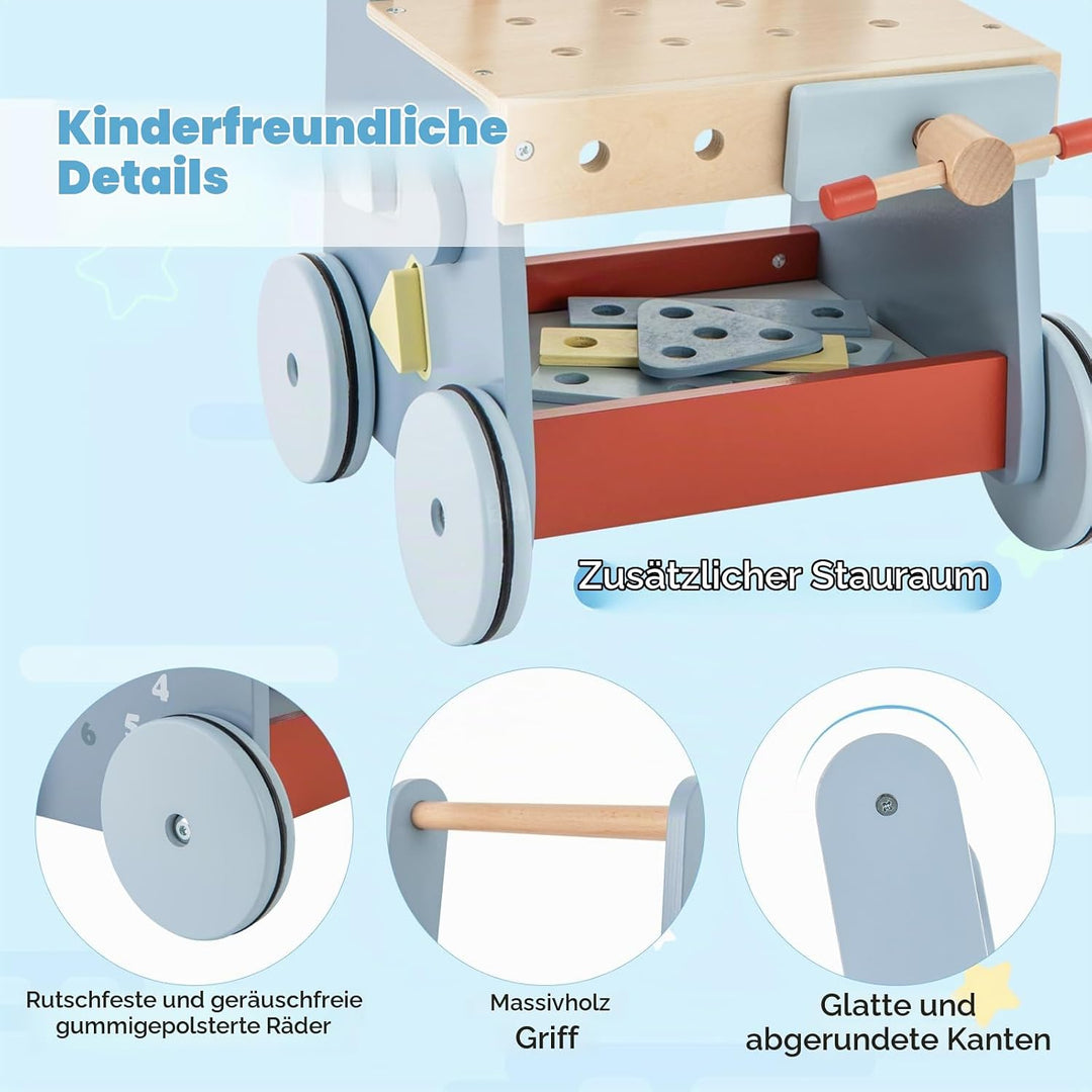FANTASK 2 in 1 Lauflernwagen, Lauflernhilfe aus Holz, Montessori Kinder Werkbank Spieltisch, Multi-A