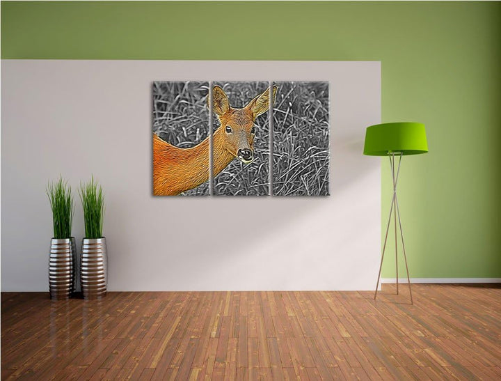 stolzes Reh beim Fressen schwarz/weiss Deluxe 3-Teiler Leinwandbild 120x80 Bild auf Leinwand, XXL ri