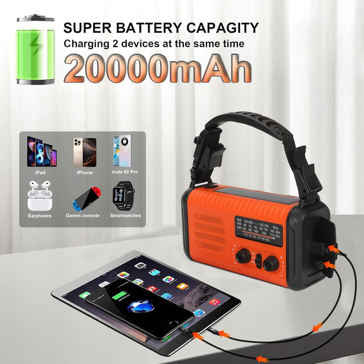 20000mAh Notfallradio, Solar-Hand Kurbelradio AM/FM-Wetterradio, batteriebetrieben mit Handy-Ladeger