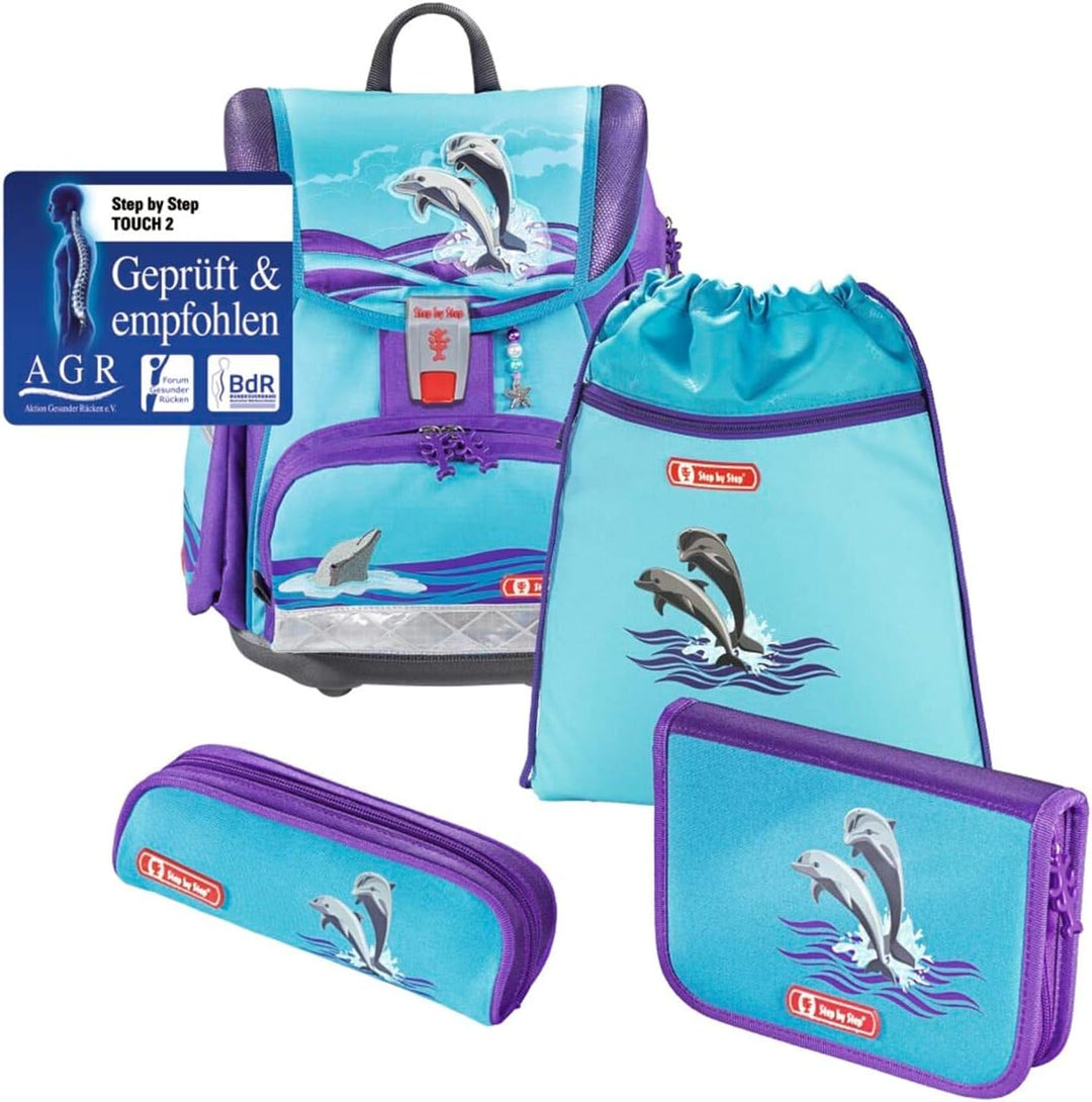 Step by Step Schulranzen-Set Touch 2 „Happy Dolphins“ 4-teilig, lila-blau, Traktoren-Design, ergonom