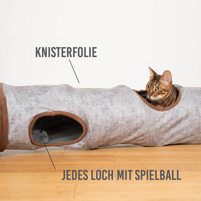 KaraLuna Premium Katzentunnel 120 x 24 cm I 3 Gucklöcher & Spielbälle I Katzen Spieltunnel Faltbar K