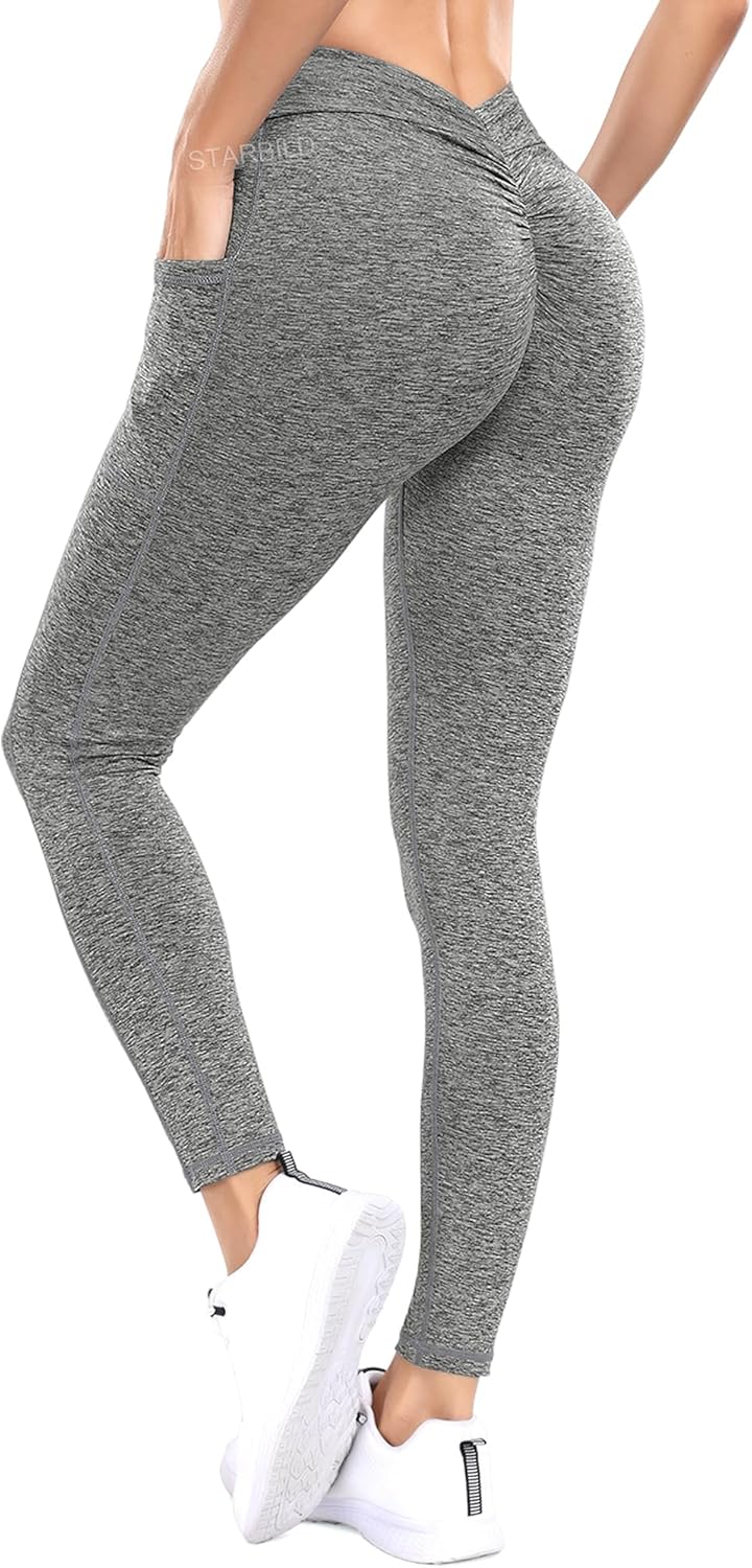STARBILD Leggings Tiefer V Back Shape Sport, Damen Lange Yogahosen Blickdicht Scrunch Butt, für Fitn