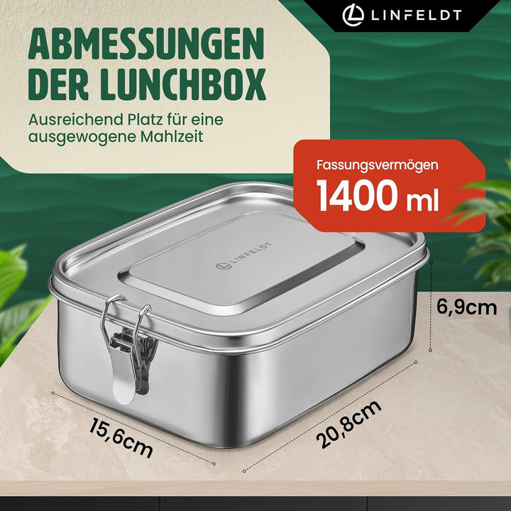 LINFELDT® Brotdose Edelstahl mit Fächern 1400ML - TOP EDELSTAHL BROTDOSE | Lunchbox Edelstahl - Brot