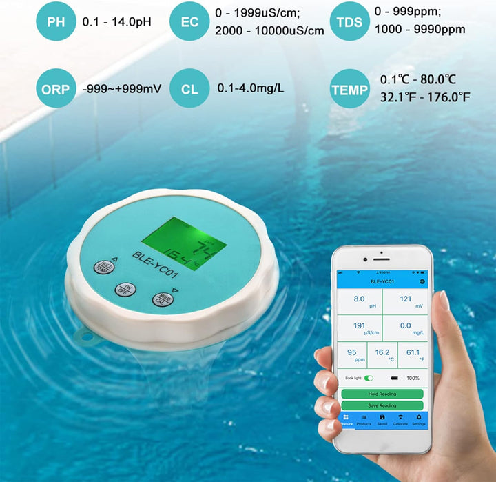 Digitales PH Messgerät, 6 in 1 PH Wert Messgerät Pool, Bluetooth Wassertester PH EC TDS ORP Temp Mon