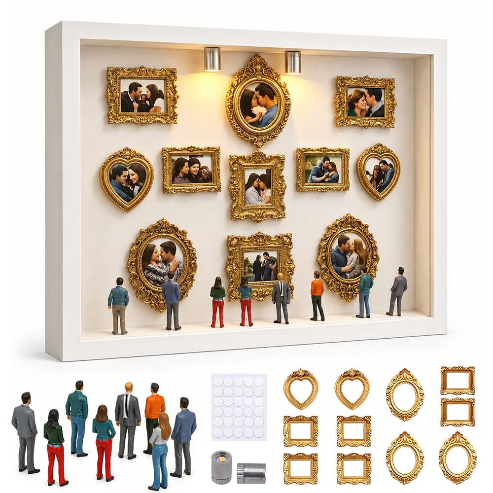 Mini Museum Bilderrahmen, Bilderrahmen Museum mit 11 Goldene Rahmen Vintage und LED Licht, Mini Figu