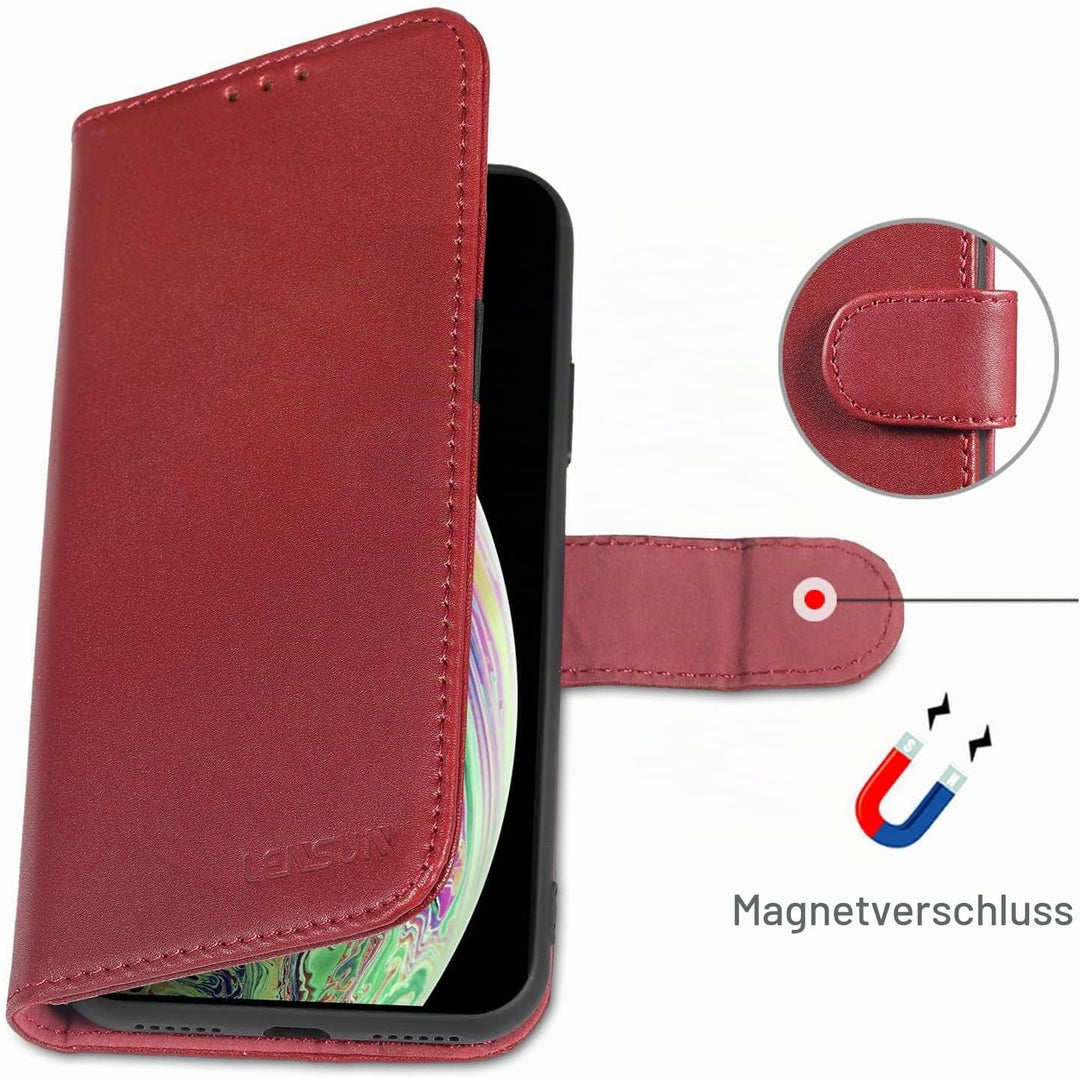 LENSUN Echtleder Hülle für iPhone XS, iPhone X Handyhülle [Echtes Leder][Magnetverschluss][RFID Schu