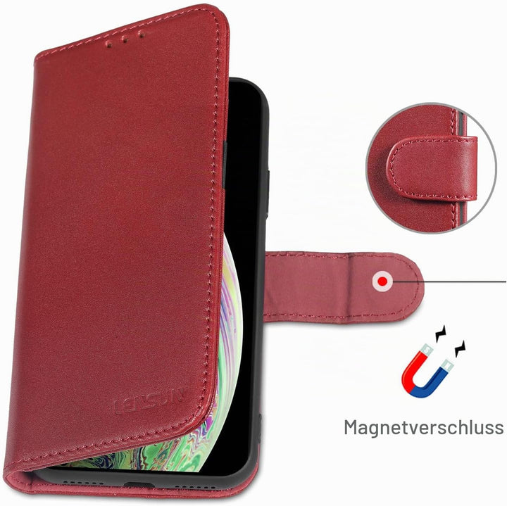 LENSUN Echtleder Hülle für iPhone XS, iPhone X Handyhülle [Echtes Leder][Magnetverschluss][RFID Schu