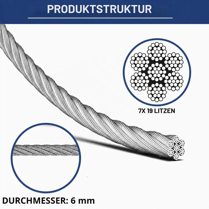hannger Edelstahldrahtseil 6mm, 15 Meter 7x19 Edelstahlseil, 304 Edelstahl Stahlseil mit Ösen, 2900k