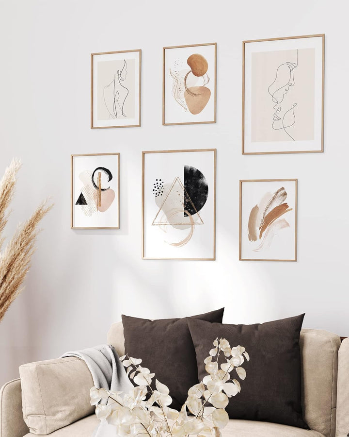 MUUDLY® Poster Set Abstrakt Line Art Beige – 6 moderne Wandbilder (2×A3, 4×A4) – Stilvolle Bilder fü