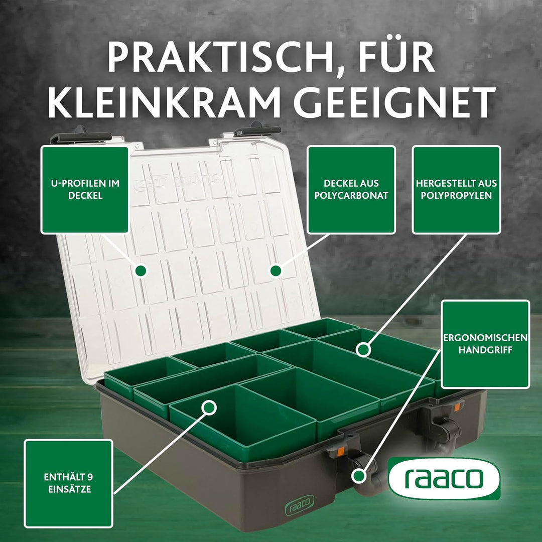 raaco CarryLite 80 4x8-9: Premium Sortierbox für Werkstatt, 9 Einsätze, Sortimentskasten & Sortierbo