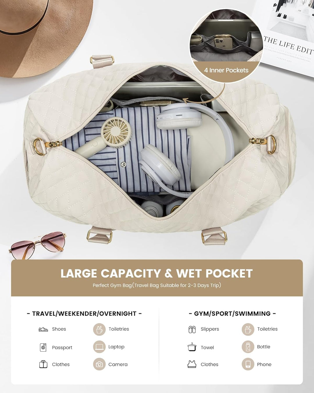 LOVEVOOK Reisetasche Sporttasche Damen, 45L Gross Weekender Travel Bag Kliniktasche Geburt mit Kultu
