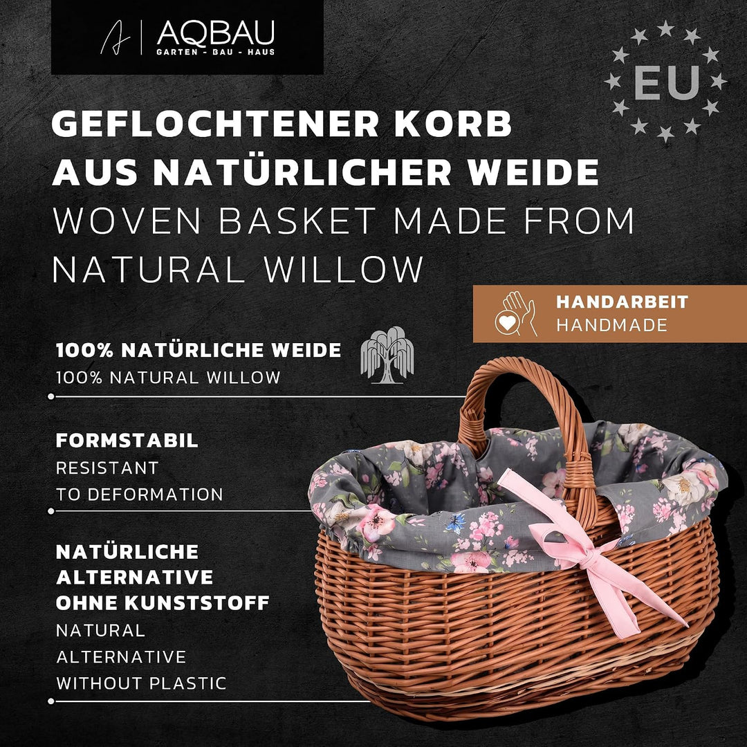Weidenkorb mit Henkel gross – Einkaufskorb aus Naturweide mit Stoffeinlage (3 Designs) – Picknickkor