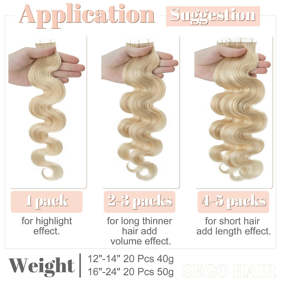 SEGO Tape Extensions Echthaar GEWELLT 12zoll/30cm 20 Stück Klebeband Haarverlängerung 100% Remy Haar