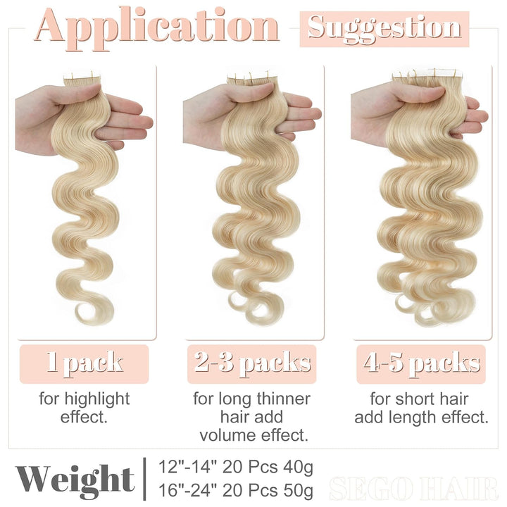 SEGO Tape Extensions Echthaar GEWELLT 12zoll/30cm 20 Stück Klebeband Haarverlängerung 100% Remy Haar