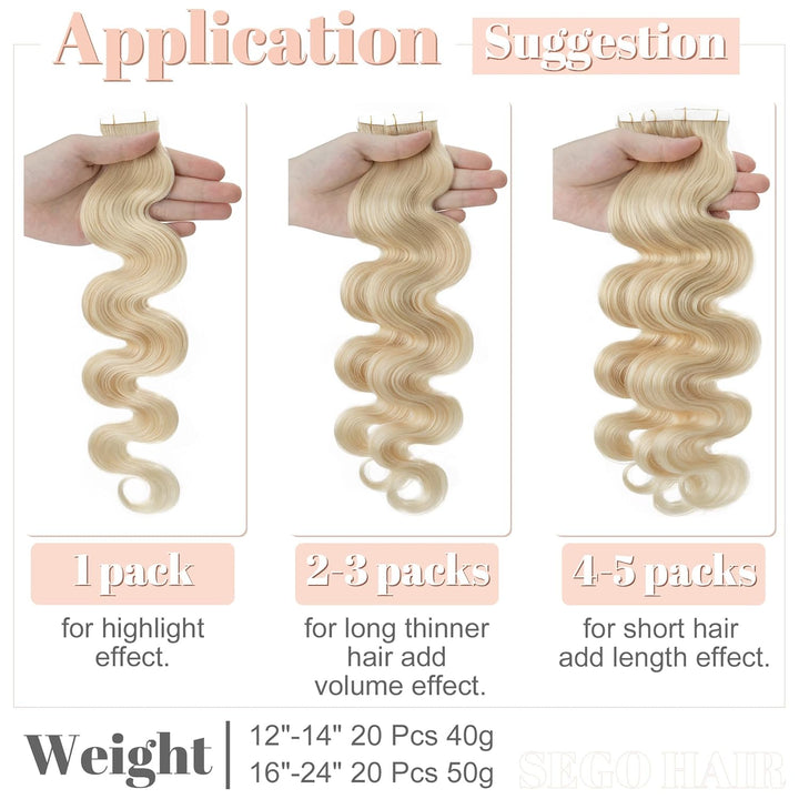 SEGO Echthaar Extensions Tape Klebeband Haarverlängerung Invisible Seamless Skin Weft Menschenhaarve