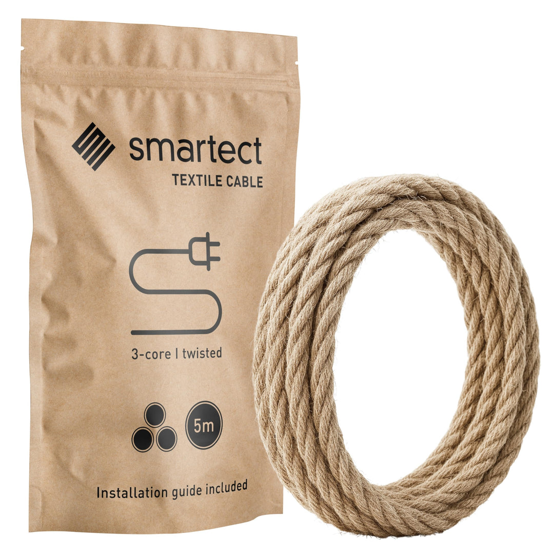 smartect Textilkabel gedreht 3-Adrig (3 x 0.75 mm²) Jute, 5 Meter | Vintage Lampenkabel Stoff, Strom
