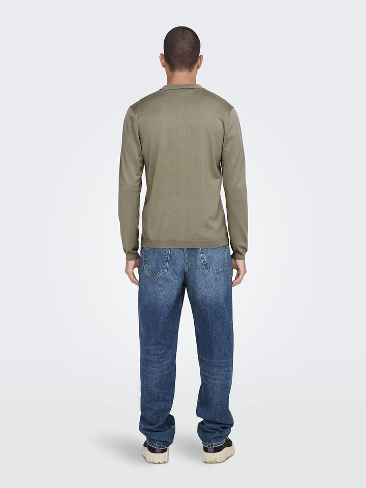 Herren O&amp;S Polo Langarm Shirt Basic Pullover aus Baumwolle Longsleeve Knitted Sweater ONSWYLER, Chin