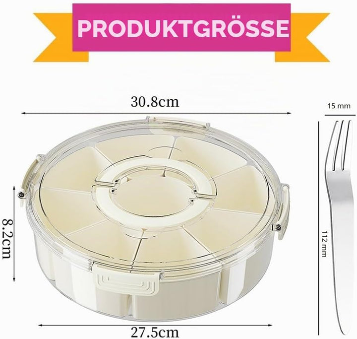 Snackbox mit Fächern, Rund Grosse Snackdose mit 9 Fächern, Deckel, Griff, 4 Gabel, Snackteller mit D